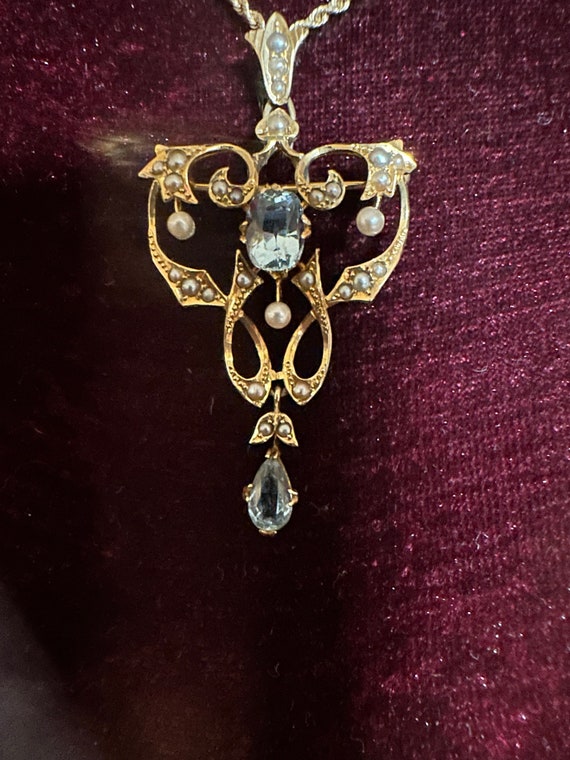 Vintage 16K Yellow Gold Blue Topaz and Seed Pearl… - image 1