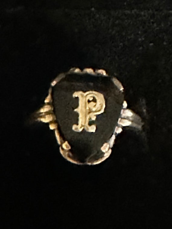 10K Yellow Gold Black Onyx “P” Signet Ring~Unique… - image 1