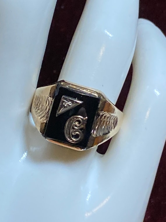 Vintage 10K Yellow Gold Black Onyx Signet Ring wi… - image 7