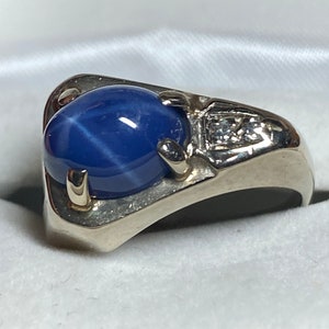 14K White Gold Blue Linde Star Sapphire with Diamond Accents~Size 7 1/2