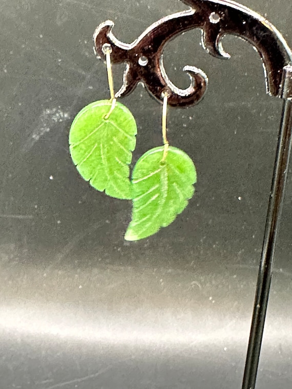 10K Yellow Gold Drop Leaf Jade Earrings