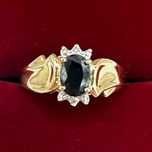 Vintage 10K Yellow Gold Synthetic Blue Sapphire and Accent Diamond Ring~Size 6 1/4