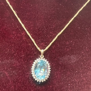 14K Yellow Gold Blue Topaz and Diamond Pendant and 14K Yellow Gold 18” Chain