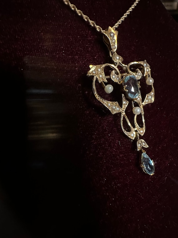 Vintage 16K Yellow Gold Blue Topaz and Seed Pearl… - image 3