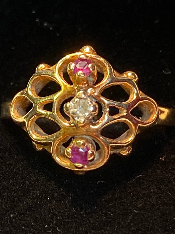 12K-14K Yellow Gold Ruby and Diamond Ring~Size 4 1