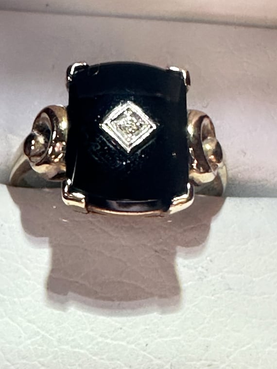 Vintage 10K Yellow Gold Black Onyx Ring with Diam… - image 1