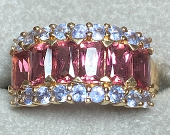 14K Yellow Gold Pink Tourmaline and Tanzanite  Band Ring~Size 5