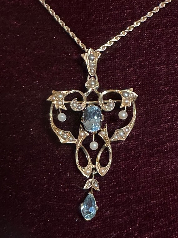 Vintage 16K Yellow Gold Blue Topaz and Seed Pearl… - image 5