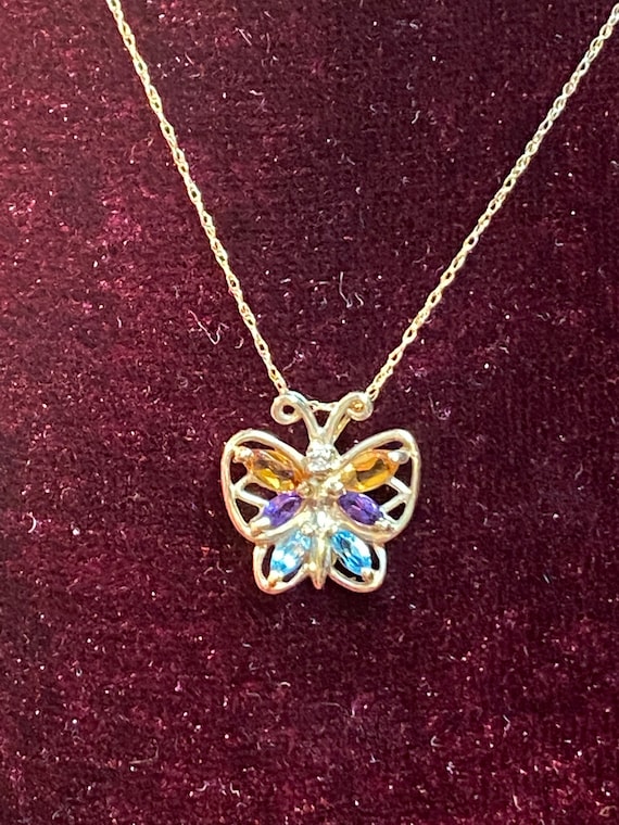 10K Yellow Gold Multi Gemstone Butterfly Pendant … - image 1