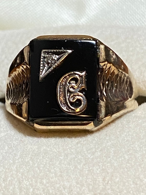 Vintage 10K Yellow Gold Black Onyx Signet Ring wi… - image 9