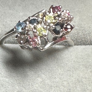 Vintage 14K White Gold Double Tulip Set Multi-Gemstone Ring~Size 8 1/8