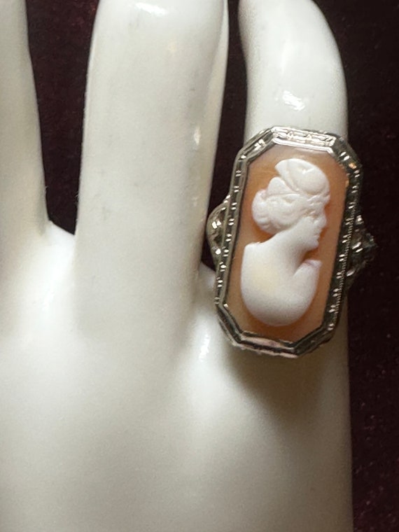 Antique 14K White Gold Cameo Ring~Size 5 - image 8