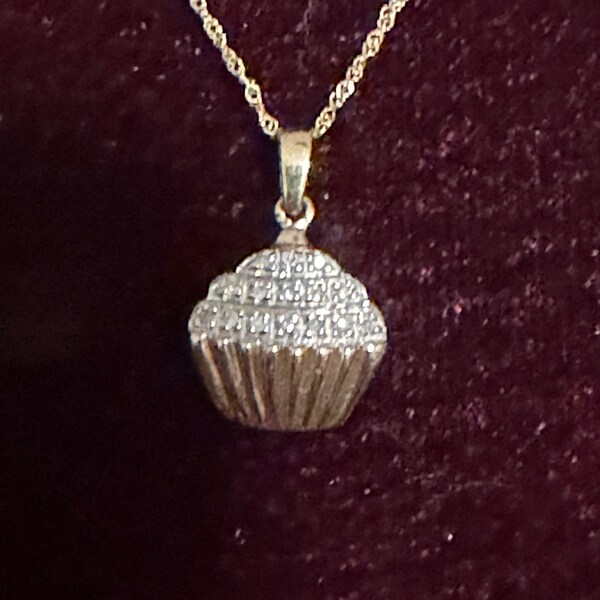 Adorable  10K Yellow Gold Diamond Cupcake Pendant Necklace with 18” 10K Yellow Gold Chain