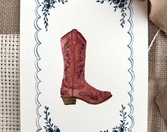 Original Red Cowgirl Boots Watercolor Painting, Red Cowboy Boots Watercolor Painting, Patriotic Art, Red and Blue Painting, Cowgirl Painting