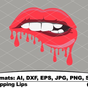 Könnte beinhalten: Eine Vektorgrafik von roten Lippen mit einem tropfenden Farbeffekt. Die Lippen sind geöffnet und zeigen weiße Zähne. Der Hintergrund ist grau mit einem Rautenmuster. Text: "Formats: AI, DXF, EPS, JPG, PNG, SVG" und "Dripping Lips."