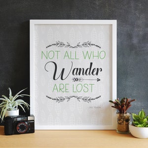 Puede incluir: Una impresión enmarcada en blanco con un fondo gris y un patrón de hojas verdes. La impresión presenta la cita "Not all who wander are lost - J.R.R. Tolkien" en texto negro con una flecha negra y acentos florales verdes.