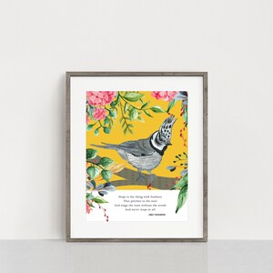 May include: A printable art print featuring a watercolor illustration of a bird with a yellow background and pink flowers. The print includes a quote by Emily Dickinson: "Hope is the thing with feathers That perches in the soul And sings the tune without the words And never stops at all."