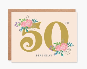 50th Birthday Card, Fiftieth Birthday Card, Floral 50th Birthday Card, 50th Birthday Card Her Happy 50th Birthday Mom, Item Code - COTC B36