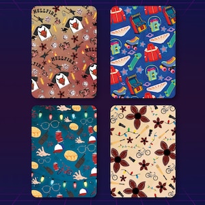 May include: Four rectangular panels featuring distinct patterns. The top left shows Hellfire t-shirts and guitars on a gradient background. The top right displays arcade games, roller skates, and jackets on blue. The bottom left shows string lights, glasses, and walkie-talkies on dark teal. The bottom right features floral shapes and bicycles on cream.