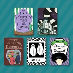 May include: Five rectangular stickers featuring illustrations: a purple tombstone with the text NEVER TRUST THE LIVING, a house with a black and white striped background, a book cover titled HANDBOOK FOR THE RECENTLY DECEASED, two ghosts with the text NO FEET, and a character with the text I MYSELF AM STRANGE AND UNUSUAL.