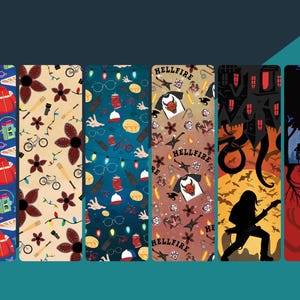 May include: A collection of six rectangular bookmarks with various themed patterns. Designs include arcade games, Demogorgon flowers, and the Hellfire Club logo. The color palette includes blue, red, and brown.