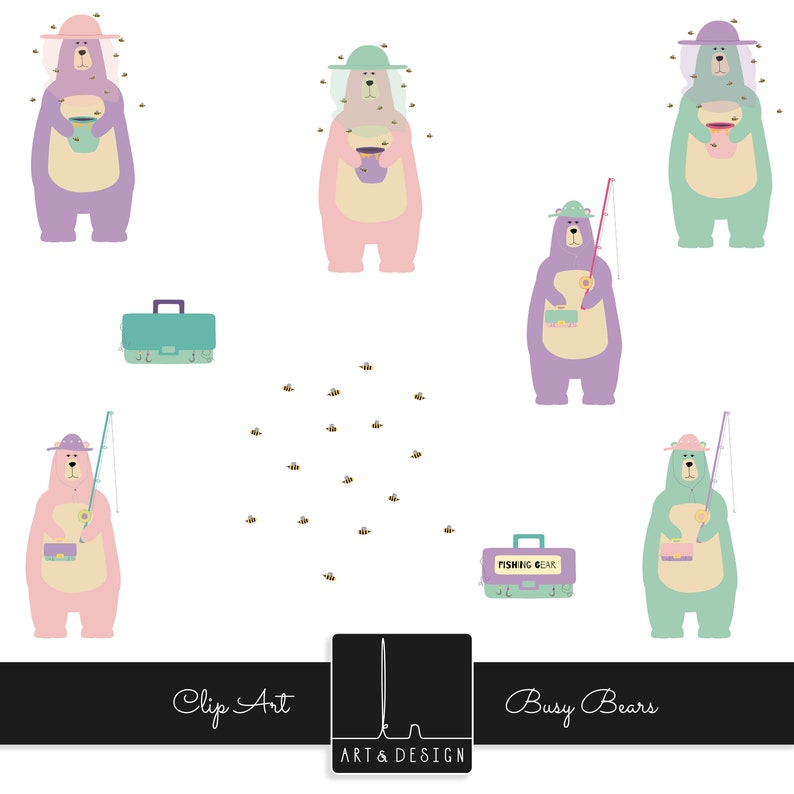 Bear Clip Art Busy Bears Bees Fishing Tackle Box Fishing Etsy