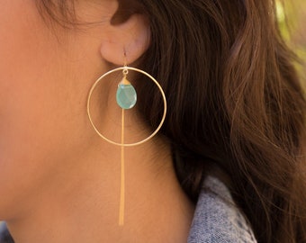 Aqua Chalcedony Threader Earrings ~ 18k Gold Plated Earrings ~ Circle~ Geometric ~Dangle Earrings ~Handmade ~ Jewelry ~ Gift for her~ ME107
