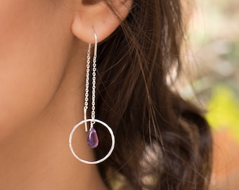Amethyst Threader Earrings ~ Sterling Silver or Gold Plated over sterling silver ~ Minimalist ~ Delicate ~ Minimal ~ Lightweight~ ME079