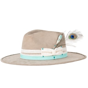 May include: A light gray felt fedora hat with a white and light blue ribbon and a peacock feather accent.