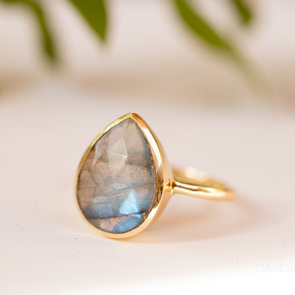 Rainbow Labradorite Tear Drop Ring ~ Gemstone ~ Natural ~ 18k Gold Plated ~ Jewelry ~ Handmade~February Birthstone - MR009