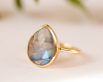Rainbow Labradorite Tear Drop Ring ~ Gemstone ~ Natural ~ 18k Gold Plated ~ Jewelry ~ Handmade~February Birthstone - MR009