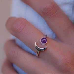 Amethyst half moon Ring ~ Sterling Silver 925 ~Handmade ~Adjustable Half Moon ~Boho ~Hippie~February Birthstone~ Bohemian~Gift For Her MR128