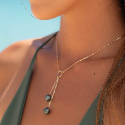 Tahitian Pearls Y necklace ~ Gold Filled or Sterling Silver ~ Dainty Gold Necklace ~ Hammered Circle ~Minimalist shops ~Delicate ~Layered MN062