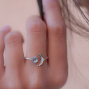 Blue Topaz Crescent Moon Ring~Sterling Silver 925~Handmade~Adjustable~Half Moon~Boho ~Hippie~ June Birthstone~ Bohemian~Gift For Her MR118