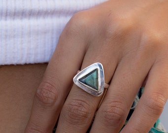 Rainbow Labradorite Triangle Ring Large ~ Gemstone ~ Sterling Silver 925 ~ Jewelry ~ Handmade~February Birthstone ~Statement ~Gift MR115