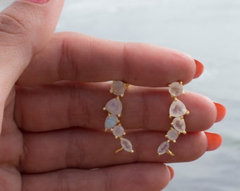 Moonstone Ear Climber Earrings ~ Stud ~ Jewelry ~ 18k Gold Plated ~ Natural ~ Minimalist Everyday ~ Gift for Her ~ Boho ~ Hippie ~ ME173