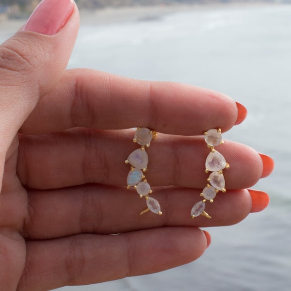Moonstone Ear Climber Earrings ~ Stud ~ Jewelry ~ 18k Gold Plated ~ Natural ~ Minimalist Everyday ~ Gift for Her ~ Boho ~ Hippie ~ ME173