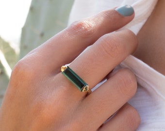 Green Tourmaline Hydro Ring ~ Rectangular Stone ~ 18k Gold Plated ~ Jewelry ~ Handmade ~ Boho ~ MR164