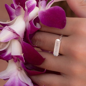 May include: A close-up of a purple and white orchid lei being held by a hand wearing a silver ring. The ring has a rectangular shape and a smooth surface.