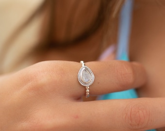 Moonstone Ring~ Sterling Silver 925 ~ Handmade ~ Gemstone ~Statement Tear Drop stone ~ Hippie ~Bohemian~June Birthstone~MR255