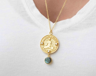 Labradorite, Moonstone or Aqua Chalcedony Meditation Peace Yoga Necklace ~ Charm ~ Gold plated 18k ~ Bohemian ~ Cubic zirconia ~ MN117