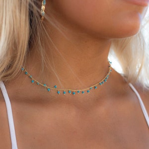 Moonstone, Labradorite, Aqua Chalcedony, Tourmaline or Turquoise Choker Necklace ~ Gold Plated 18k ~Jewelry ~ Minimalist ~Layered ~ MN132