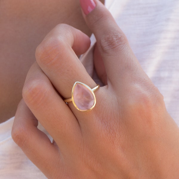 Rose Quartz Tear Drop Ring ~ Gemstone ~ Natural ~ 18k Gold Plated ~ Jewelry ~ Handmade~ January Birthstone - MR148