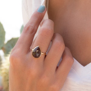 Smoky Quartz Gold Ring ~ Tear Drop Ring Delicate ~ 18k Gold Plated~Handmade~Gemstone~Statement~Everyday~Bohemian~MR159