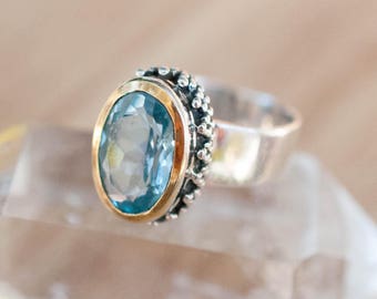 Blue Topaz Ring ~ Statement ~ Gemstone ~ Handmade ~Faceted ~ Sterling Silver 925 ~Solitaire ~Gold ~November Birthstone ~Bohemian ~Gift~MR019