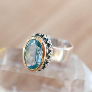 Blue Topaz Ring Statement Gemstone Handmade Faceted Sterling Silver 925 Solitaire Gold November Birthstone Bohemian GiftMR019 image 1