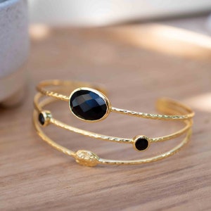 Black Onyx Adjustable Bracelet ~ Gold Plated 18k ~ Handmade ~Statement  Hippie ~Bohemian ~Jewelry ~Gift For Her ~Gemstone ~Body MB056