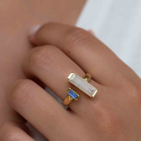 Moonstone & Labradorite Ring ~ Rectangular Stone ~ 18k Gold Plated ~ Jewelry ~ Handmade  ~ Boho ~ MR316