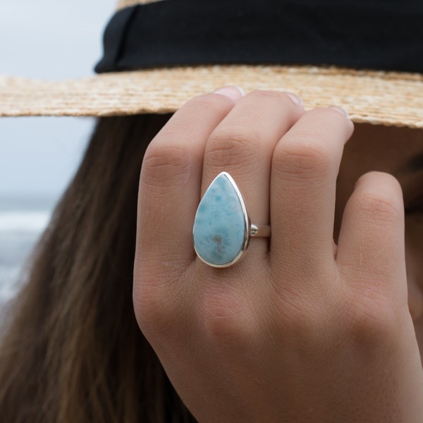 Larimar Ring ~ Statement ~ Gemstone ~ Semi Precious Stone ~ Blue ~ White ~ Natural ~ Organic ~ Sterling Silver 925~Tear Drop~Thin Band~MR278