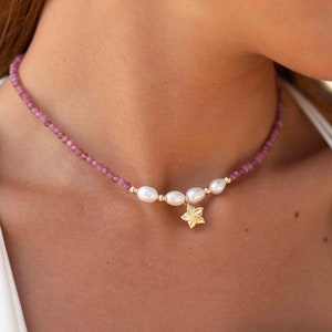 Pink Tourmaline and Pearl necklace~ Gold Filled Flower ~ Choker ~ Jewelry ~ Gift For Her ~ Minimalist~ Handmade MN099